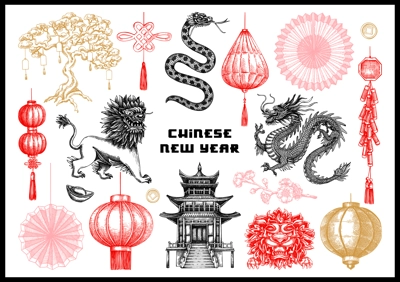 Chinese New Year decoration in sketch style. China sketches. Hand-drawn vector illustrations set. NOT AT generated